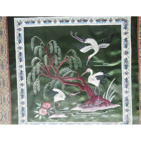 Vintage Framed Asian Silk Embroidered Art Pair Birds Flowers Wall‎ Decor